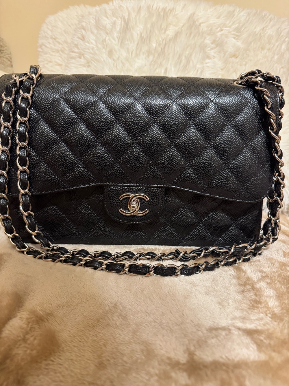 CHANEL Black caviar Quilted classic jumbo double flap Bag with Silver-Tone Chain